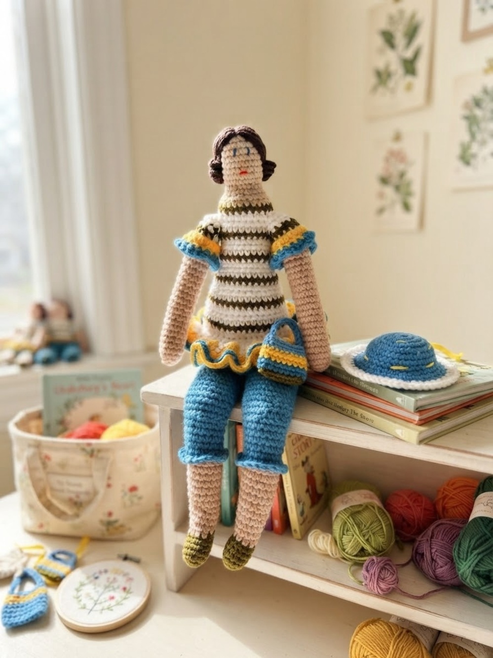 Handmade Tilda Style Crochet Girl Doll 16" Blue/Yellow Outfit Hat Bag New Rare